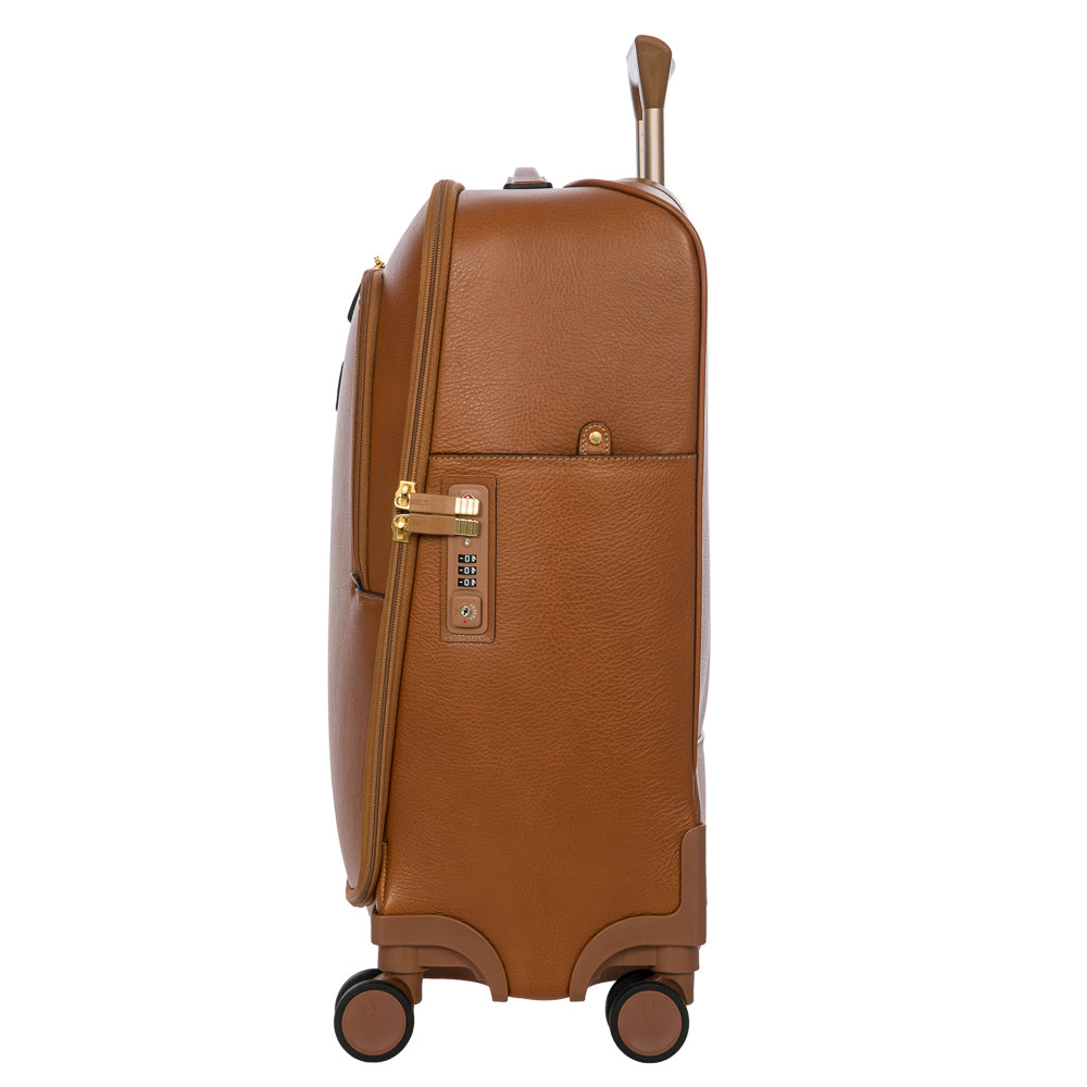 Bric's Cabin Spinner Suitcase Pelle in tan, lightweight cabin luggage with four spinner wheels and durable hard shell design.