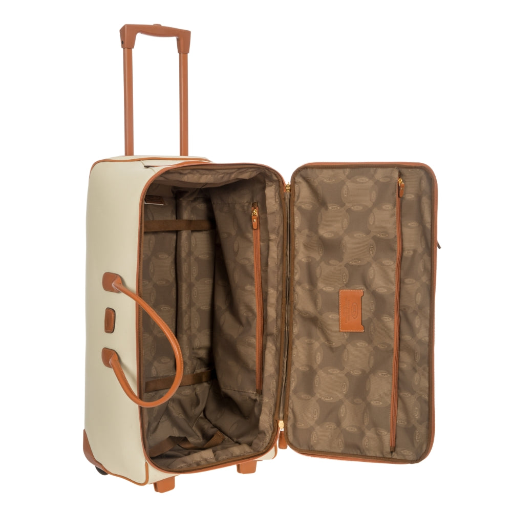 Cream large trolley duffle bag by Bric's with sturdy wheels and handles, designed for travel and easy carrying.