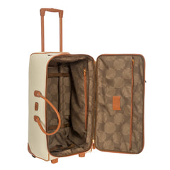 Cream large trolley duffle bag by Bric's with sturdy wheels and handles, designed for travel and easy carrying.