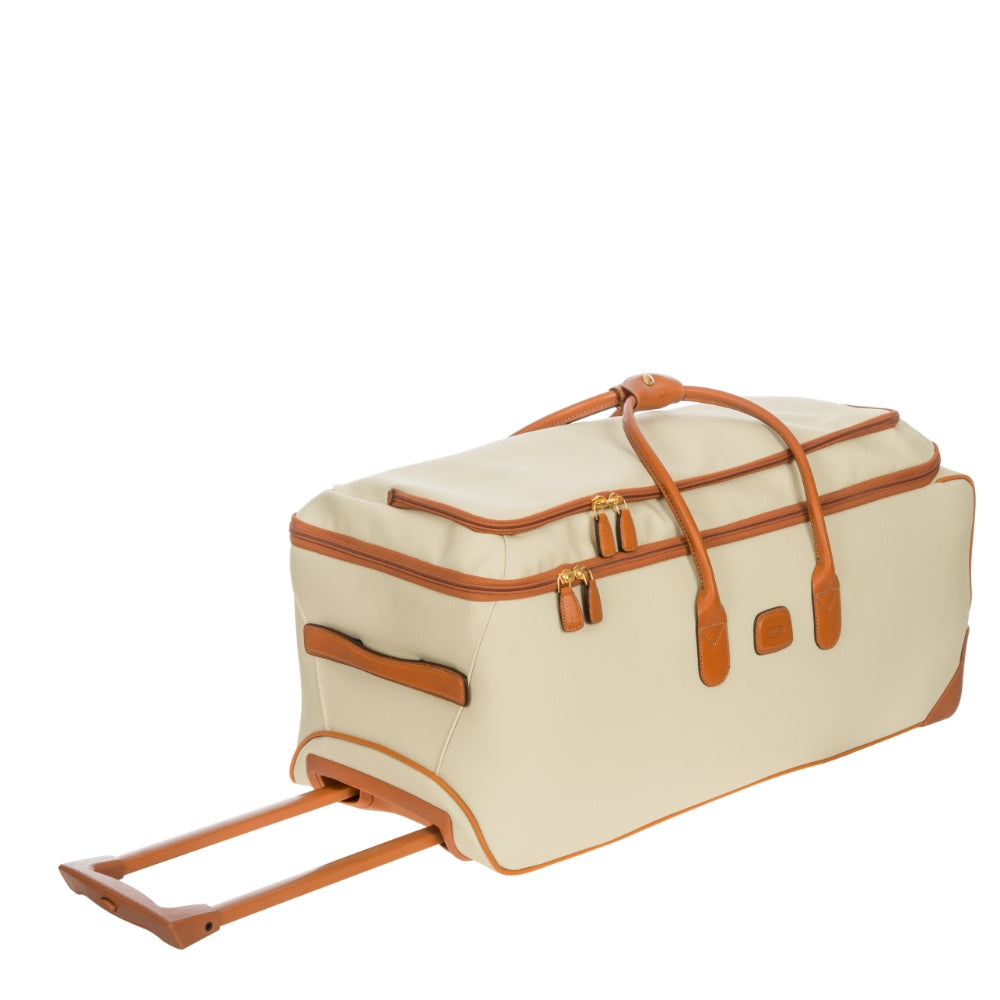 Cream large Bric's Firenze trolley duffle bag with sturdy handles and wheels, designed for travel and easy carrying.