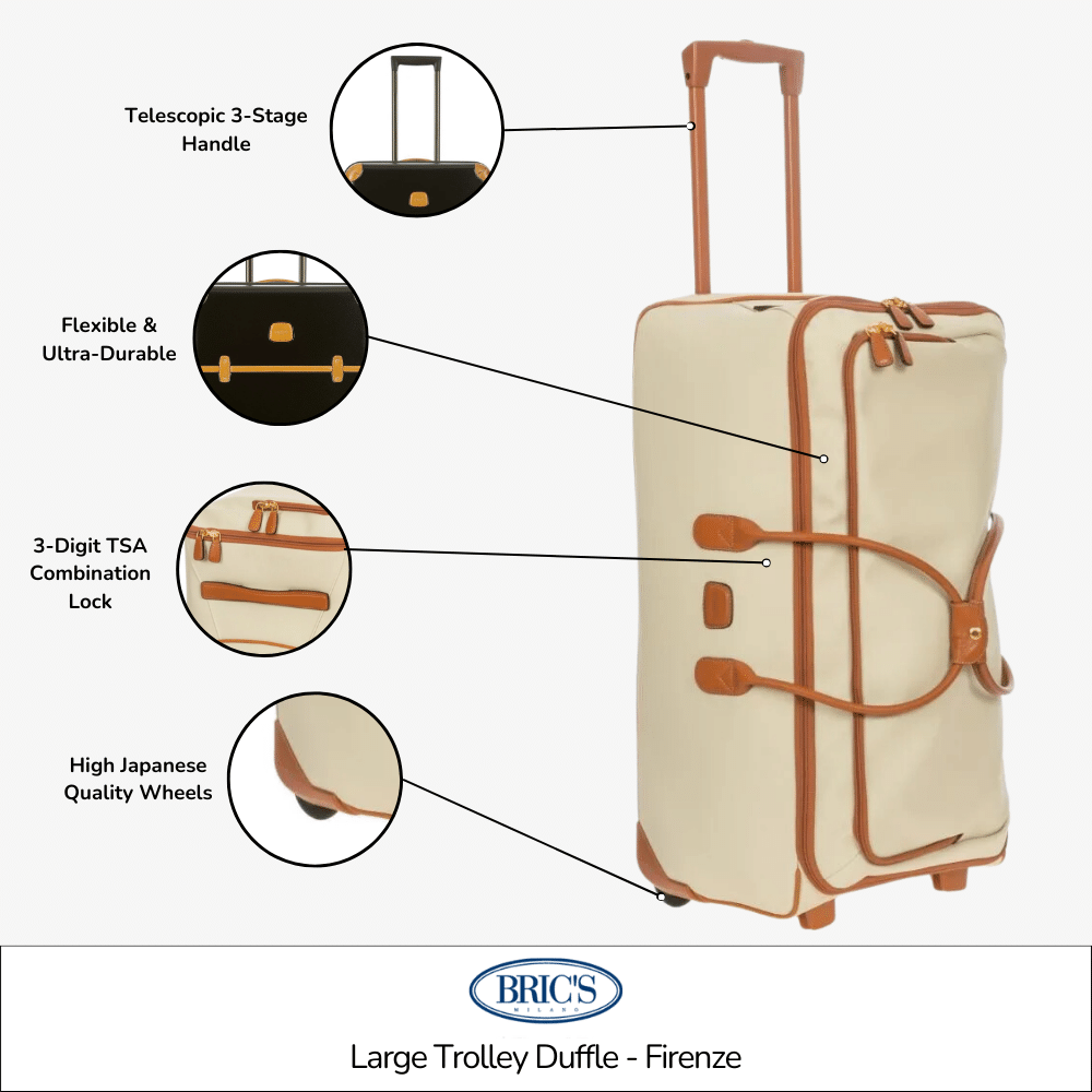 Bric's large trolley duffle bag Firenze with sturdy handles and wheels, spacious design for travel and storage.