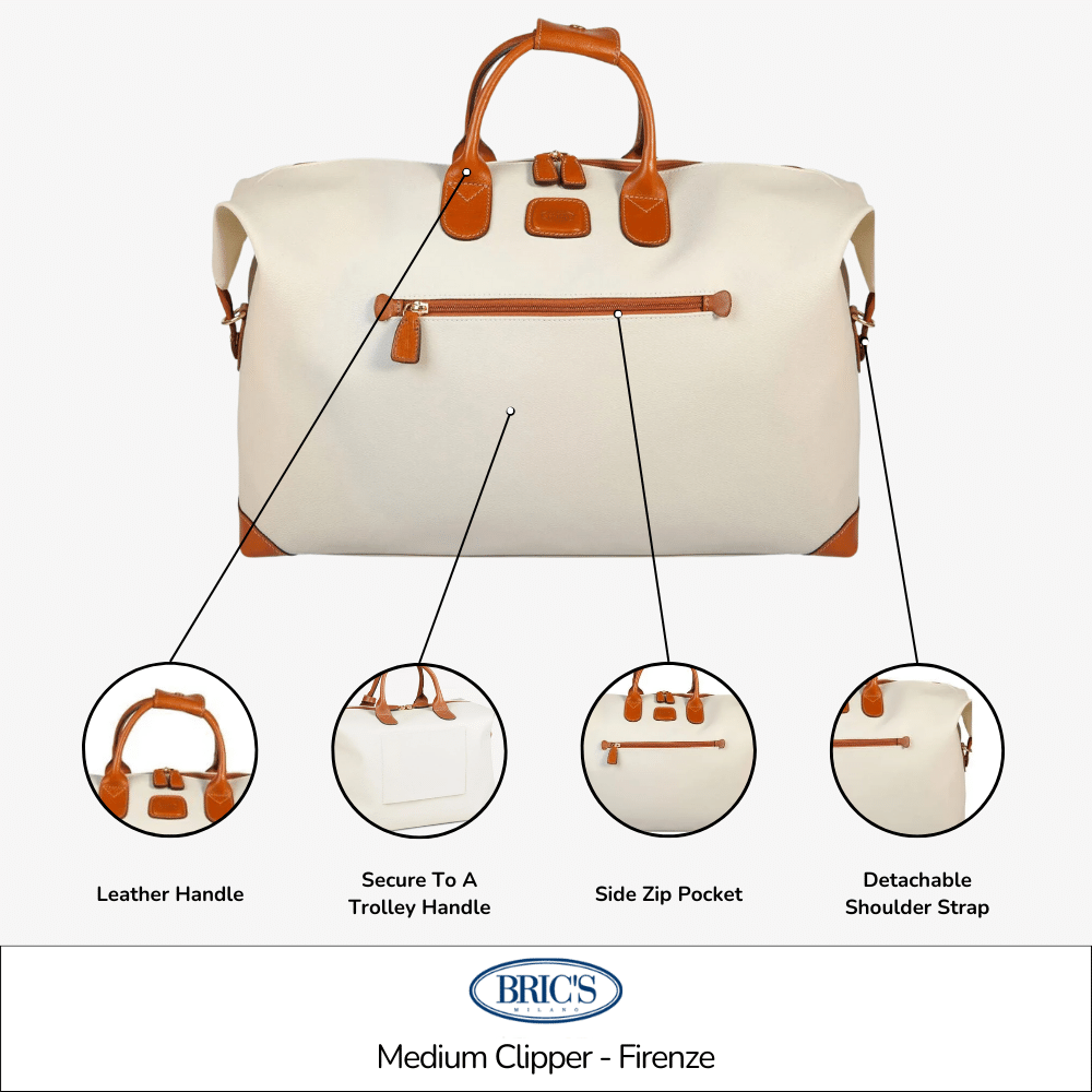 Bric's Medium Clipper Duffle Bag in Firenze with brown leather handles and beige fabric body, ideal for travel and weekend trips.