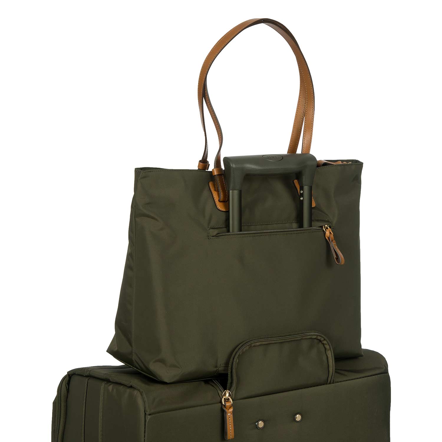 Olive green Bric's Slim Long Handle Shopper Tote bag with a sleek design and spacious interior.