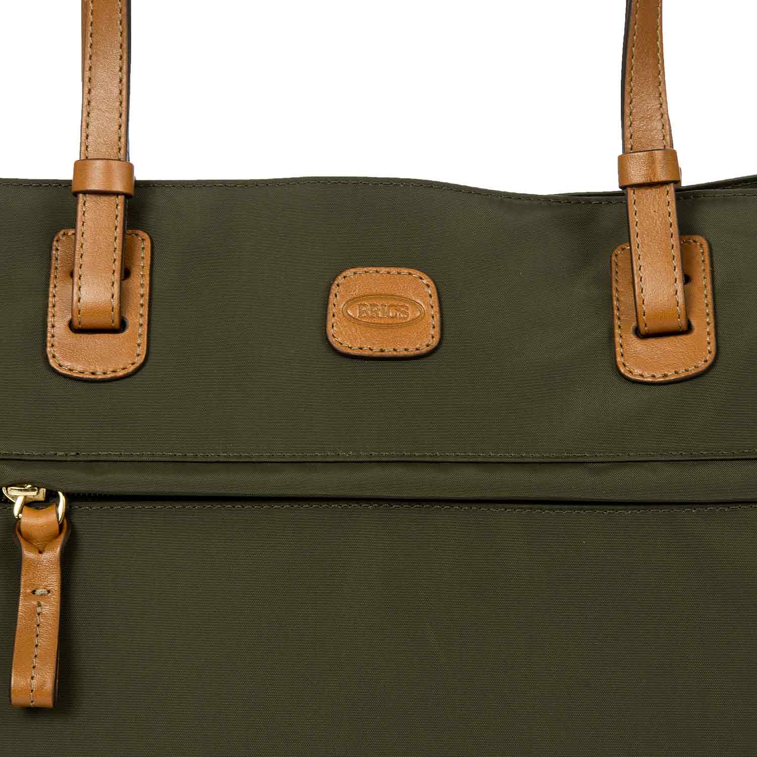 Slim long handle shopper tote bag in olive green by Bric's, featuring a spacious design and stylish silhouette.