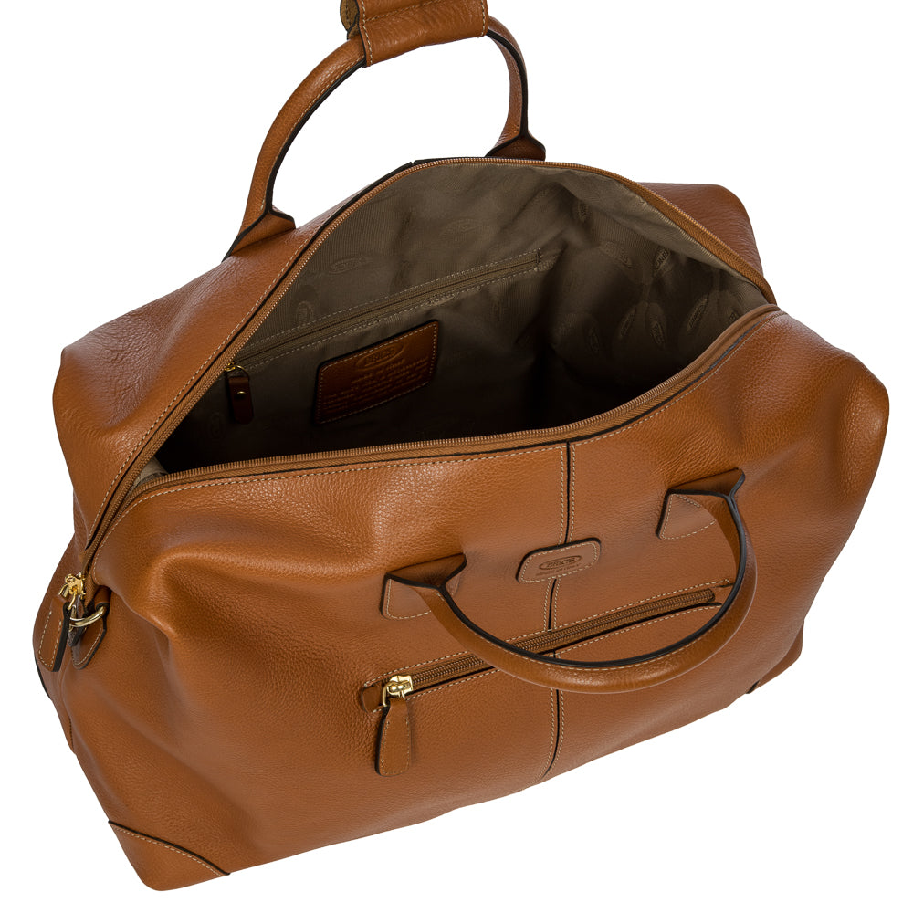 Bric's tan small holdall duffle bag with leather accents, compact travel accessory, durable fabric, and top handles.