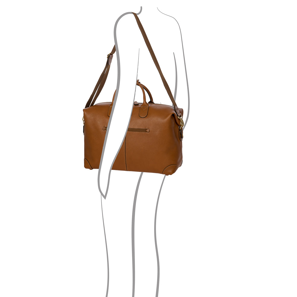 Tan Bric's small holdall duffle bag with leather details, compact design, and sturdy handles for versatile travel use.