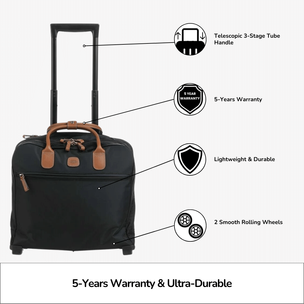 Bric's zipped pilot suitcase cabin luggage in black with four wheels and a telescopic handle for easy travel.