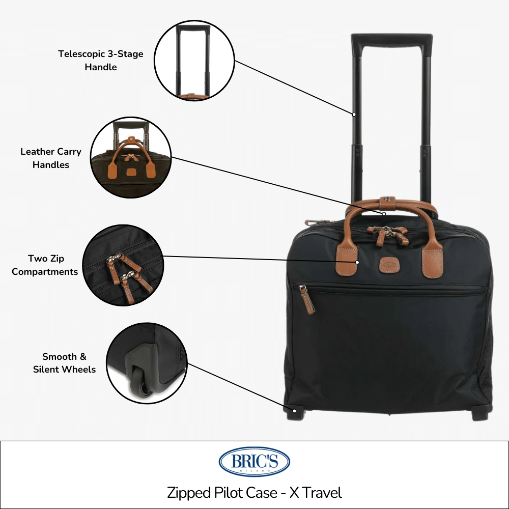 Bric's zipped pilot suitcase cabin luggage with sturdy handles and secure zipper closure, designed for travel convenience.