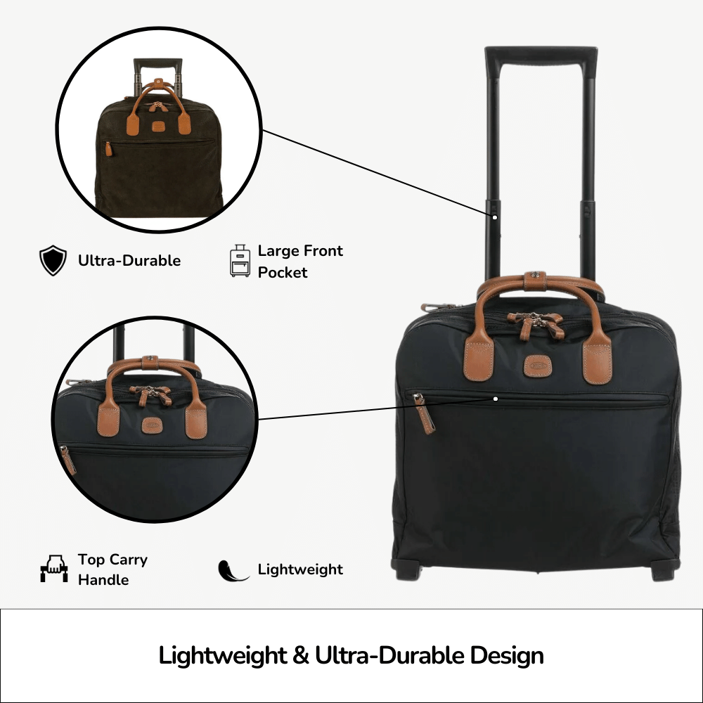 Bric's zipped pilot suitcase cabin luggage in durable material with handle and wheels, suitable for travel.