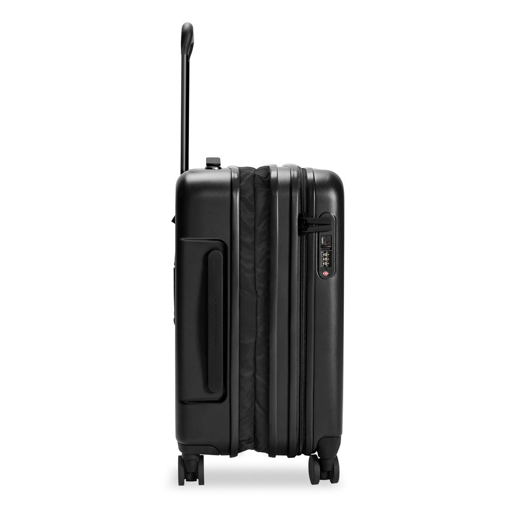 Briggs & Riley Sympatico 3.0 53cm expandable carry-on spinner suitcase in black, featuring four wheels and a sleek design.