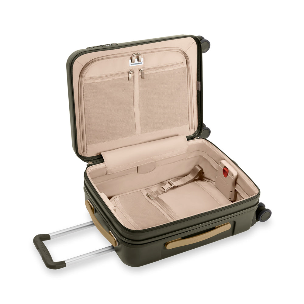 Olive 53cm Briggs & Riley Sympatico 3.0 expandable carry-on spinner suitcase with smooth wheels and sturdy handle.
