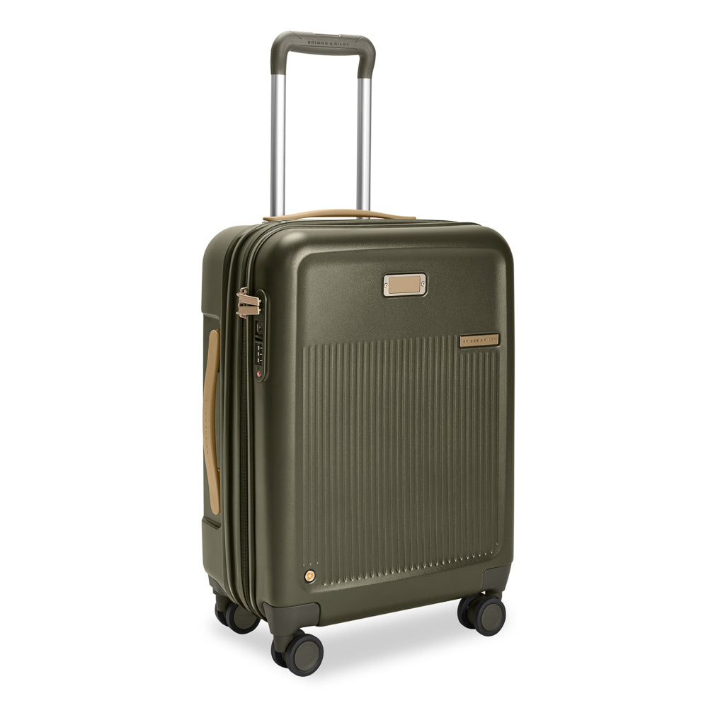 Olive 53cm Briggs & Riley Sympatico 3.0 expandable carry-on spinner suitcase with smooth wheels and sturdy handle.