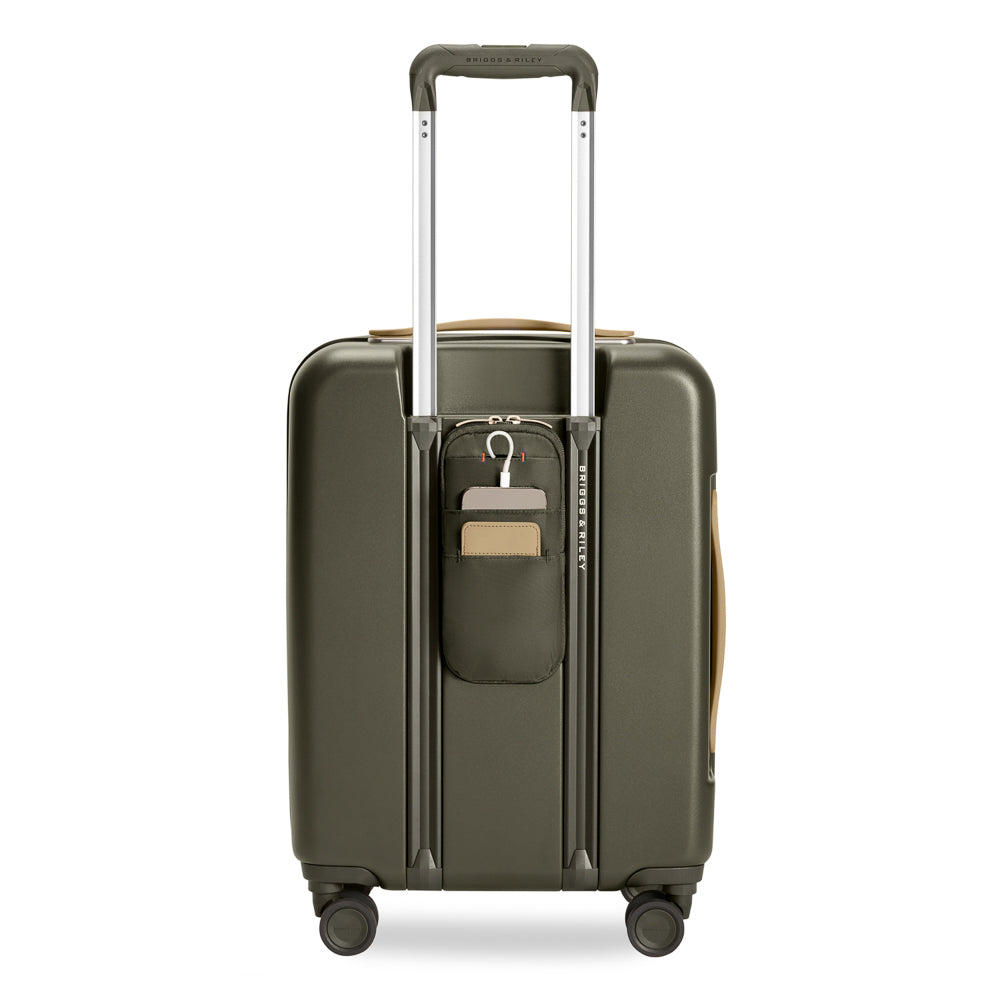 Olive Briggs & Riley Sympatico 3.0 expandable carry-on spinner suitcase with four wheels and a sturdy handle.