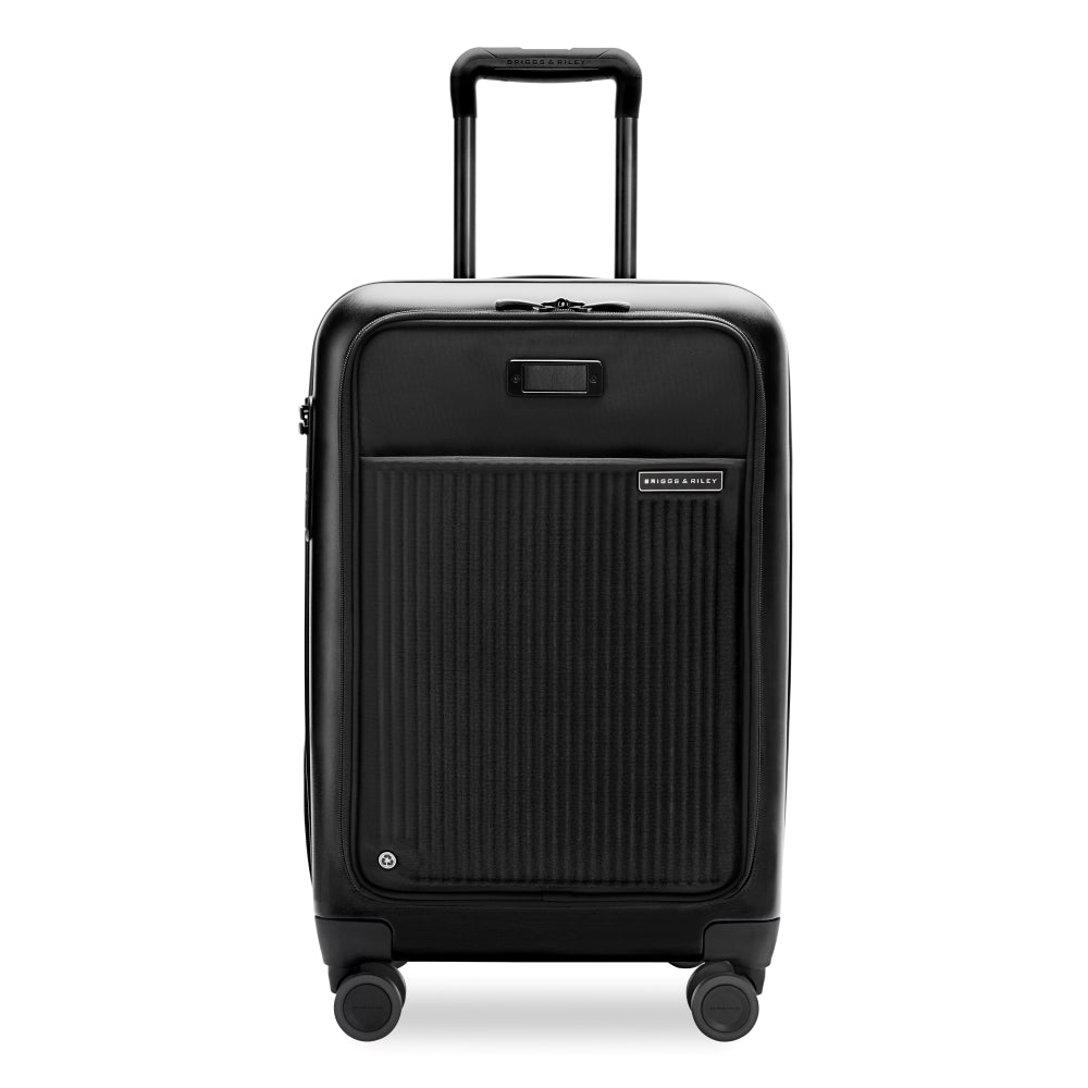 Briggs & Riley Sympatico 3.0 56cm front pocket carry-on spinner suitcase in black with wheels and sturdy handle.