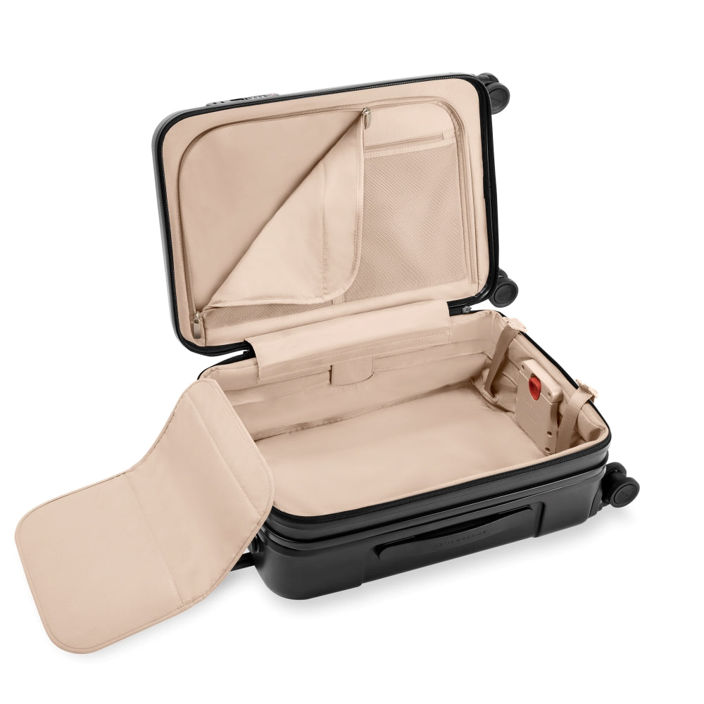 Briggs & Riley Sympatico 3.0 black 56cm front pocket carry-on spinner suitcase with smooth wheels and sturdy handle.