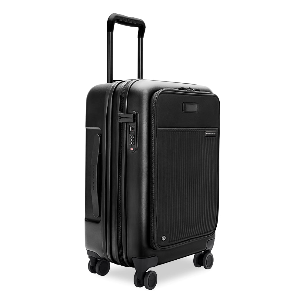 Briggs & Riley Sympatico 3.0 black 56cm front pocket carry-on spinner suitcase with wheels and ergonomic handle.