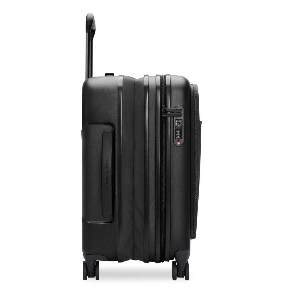 Briggs & Riley Sympatico 3.0 56cm black front pocket carry-on spinner suitcase with smooth wheels and sturdy handle.