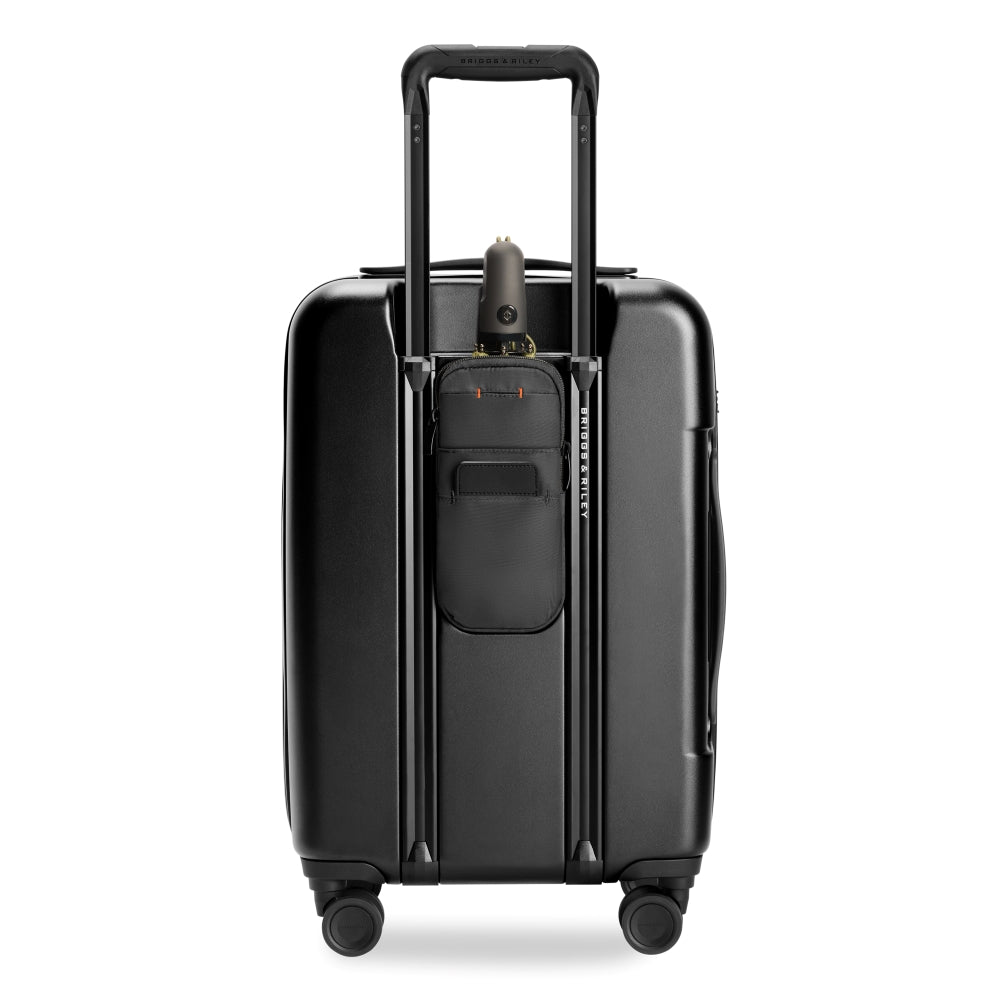 Briggs & Riley Sympatico 3.0 56cm black cabin luggage suitcase with front pocket and spinner wheels.