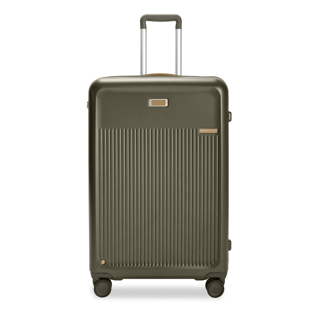 Olive green Briggs & Riley Sympatico 3.0 76cm expandable spinner suitcase with four wheels and sturdy handle.