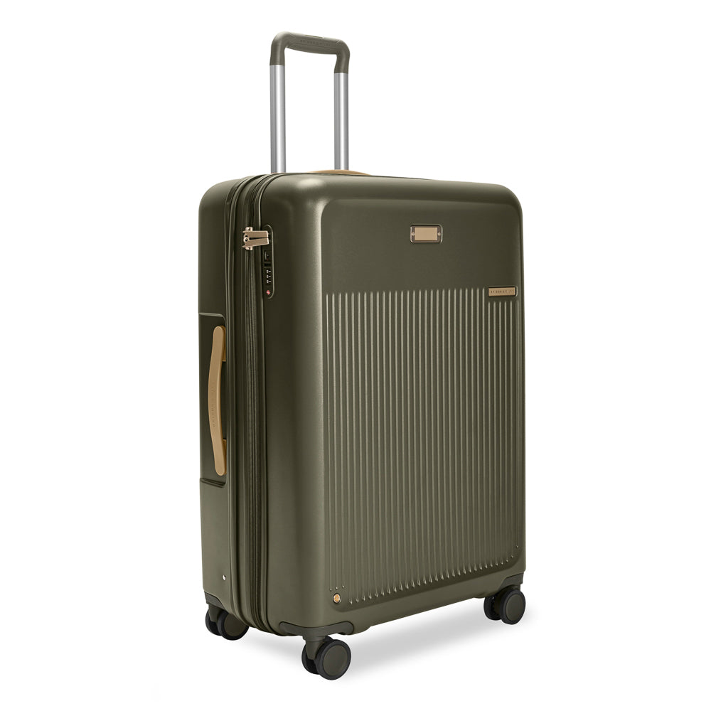 Olive green Briggs & Riley Sympatico 3.0 large expandable spinner suitcase with smooth wheels and sturdy handle.