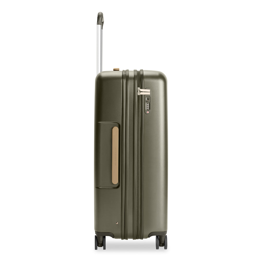 Olive Briggs & Riley Sympatico 3.0 large expandable spinner suitcase with dual wheels and sturdy handle.