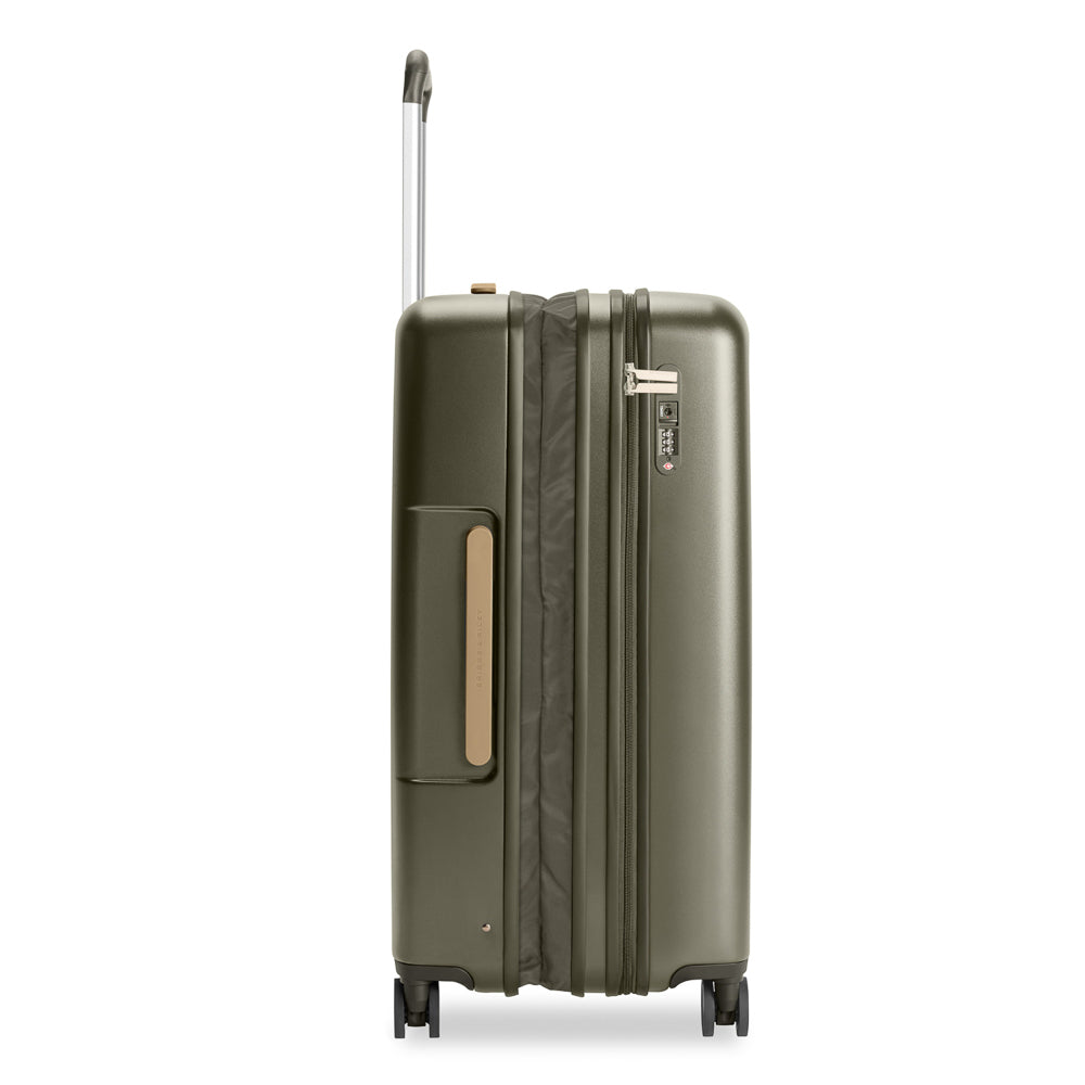 Olive green 76cm Briggs & Riley Sympatico 3.0 expandable spinner suitcase with four wheels.