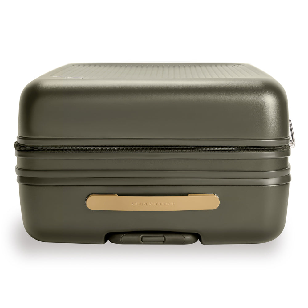 Olive green 76cm Briggs & Riley Sympatico 3.0 expandable spinner suitcase with smooth wheels and sturdy handles.