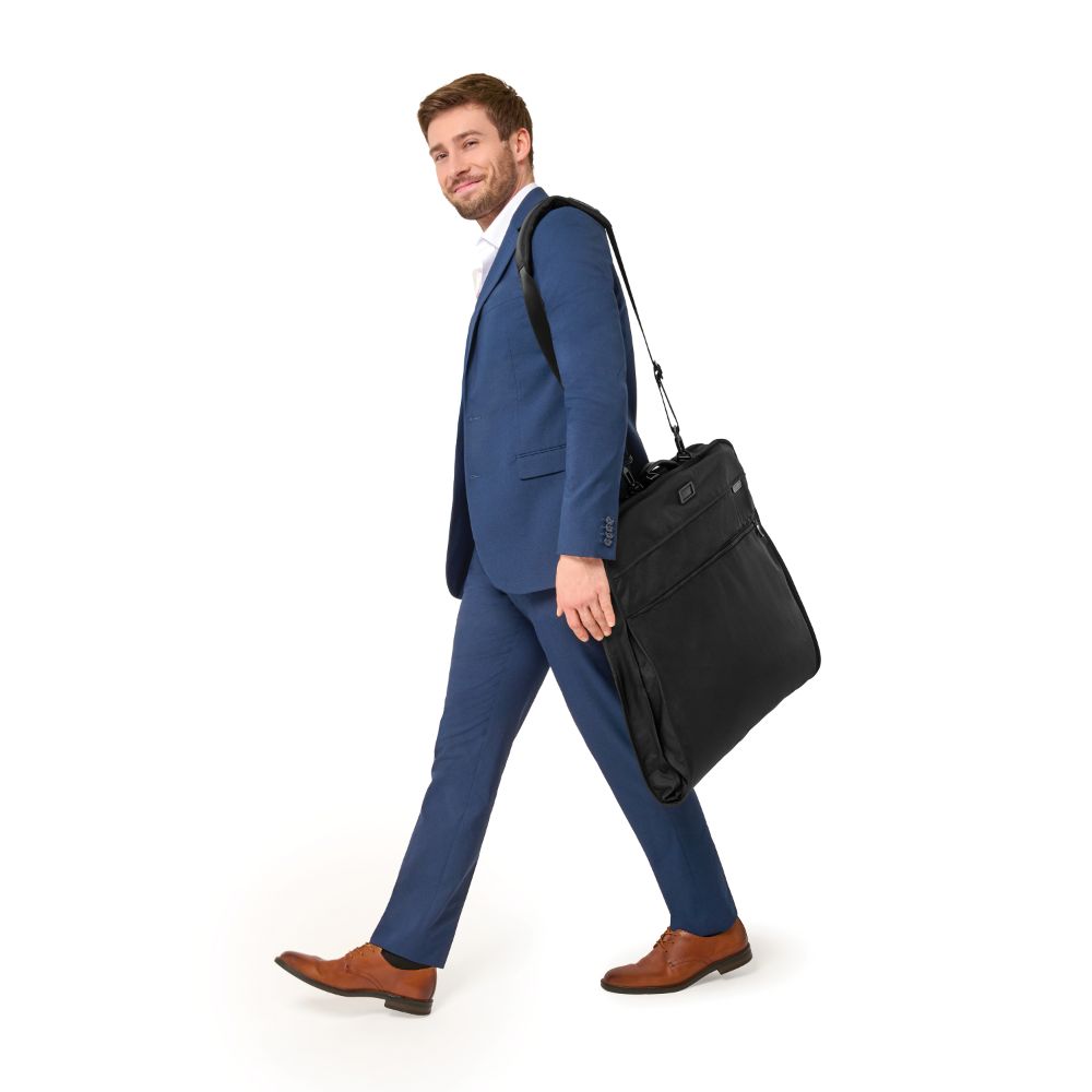 Briggs & Riley Baseline 2 Classic Garment Bag in black, showcasing a sleek design and spacious interior for clothing storage.