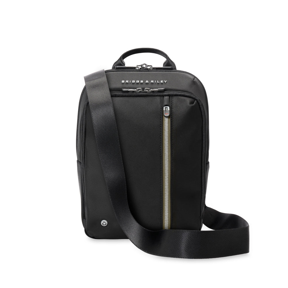 Briggs & Riley HTA Collection black crossbody bag with sleek design and adjustable strap, ideal for day use.