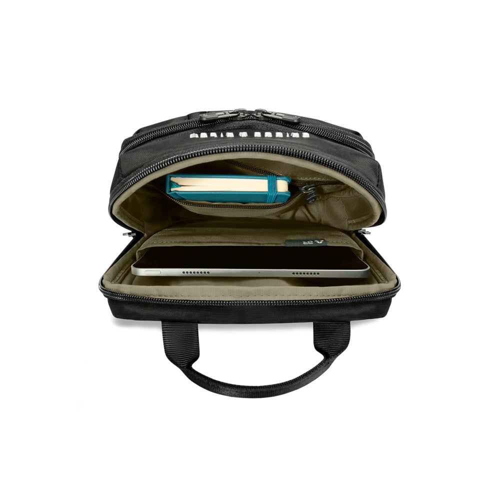 Black crossbody bag from the HTA Collection by Briggs & Riley, featuring a sleek design and adjustable strap.