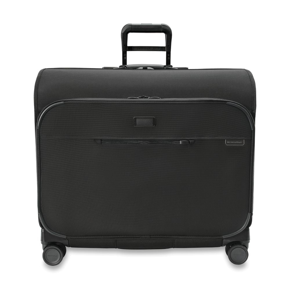 Briggs & Riley Deluxe Wardrobe Spinner Suitcase in black, showcasing spacious interior and smooth-rolling wheels.