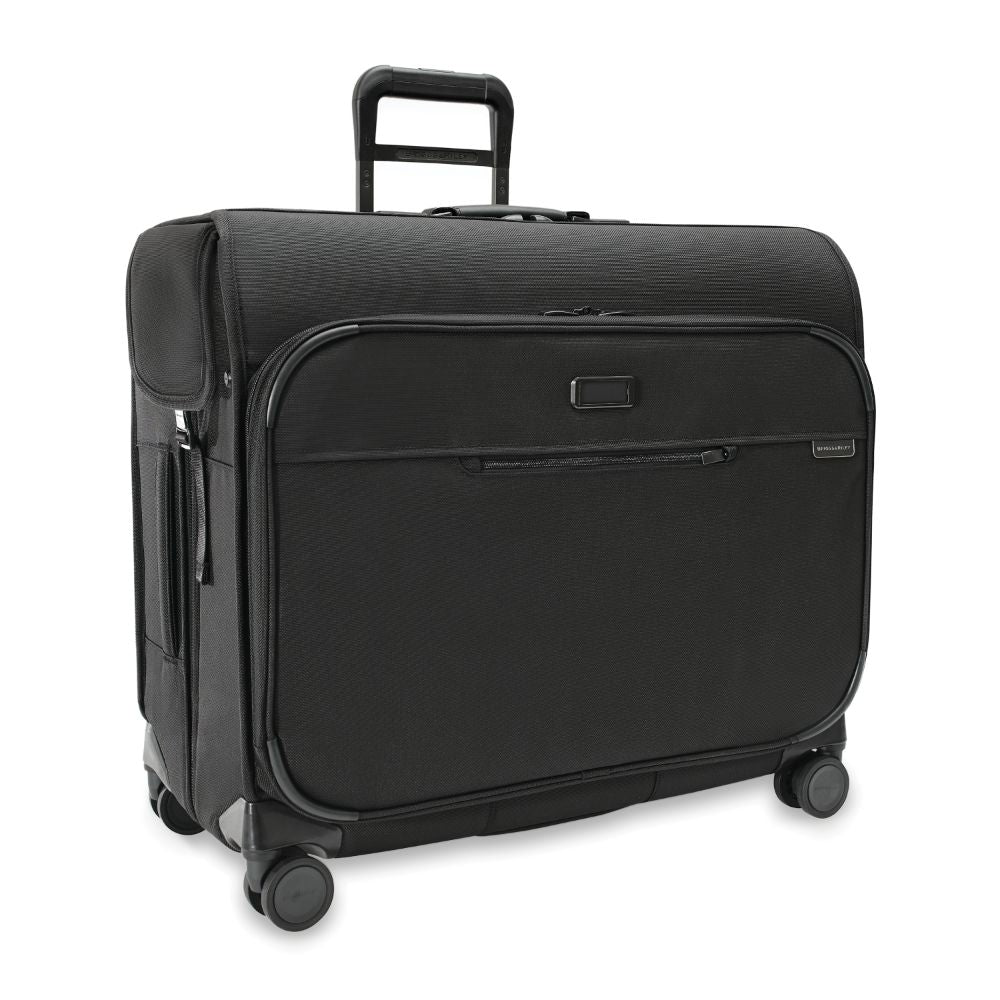 Briggs & Riley Deluxe Wardrobe Spinner Suitcase in black, showcasing garment storage and smooth-rolling wheels.