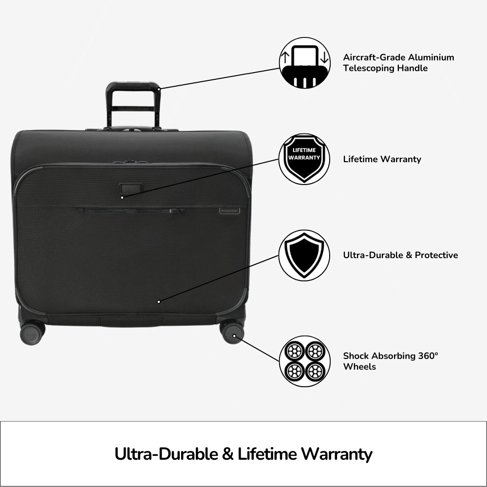 Briggs & Riley Deluxe Wardrobe Spinner Suitcase - Baseline 2, featuring a spacious interior and smooth-rolling wheels.