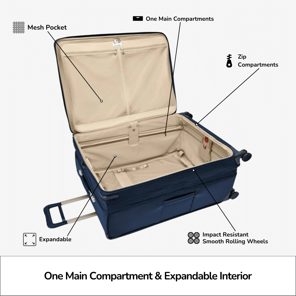 Extra large expandable spinner suitcase by Briggs & Riley, featuring durable material and smooth wheels for easy travel.