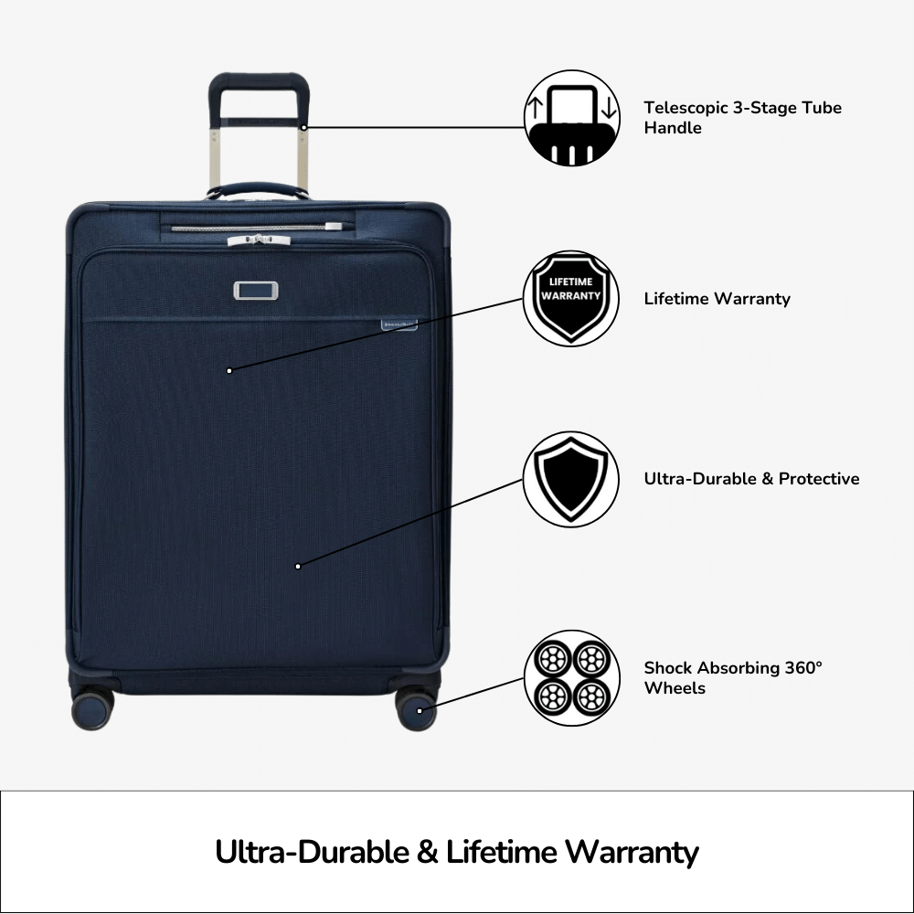 Extra large expandable spinner suitcase by Briggs & Riley, featuring smooth wheels and durable fabric in a sleek design.