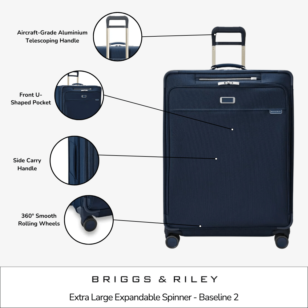Extra large expandable spinner suitcase in navy from Briggs & Riley, showcasing wheels and spacious interior for travel.