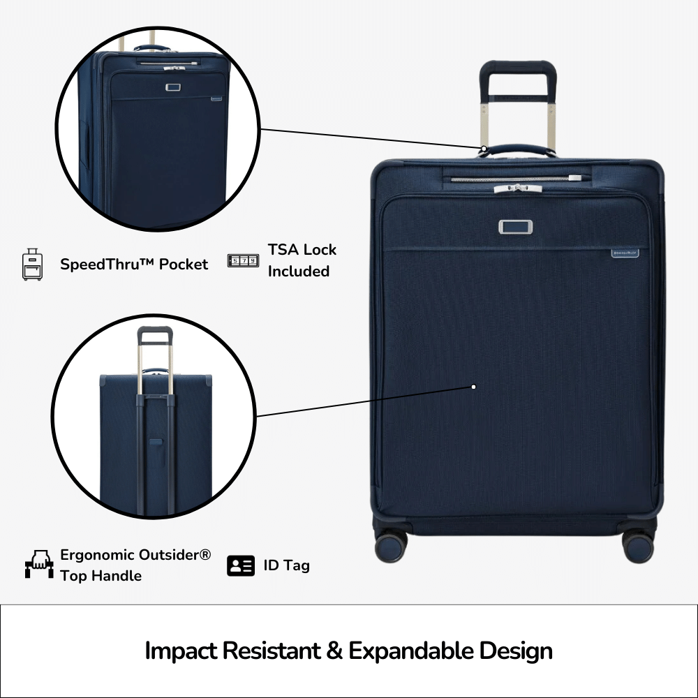 Extra large expandable spinner suitcase in black from Briggs & Riley, showcasing smooth wheels and durable fabric.