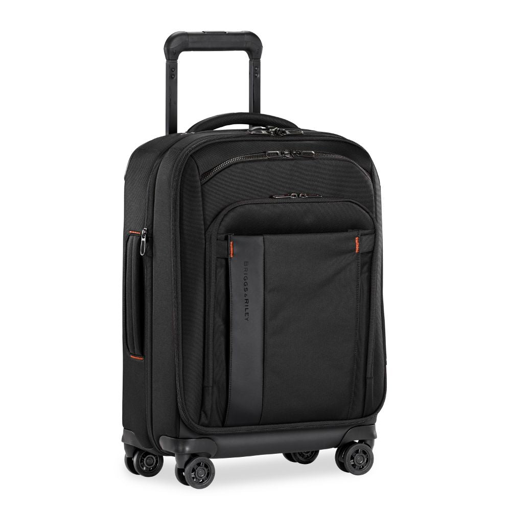 Briggs & Riley ZDX 53cm black carry-on spinner luggage with smooth wheels and spacious compartment for travel convenience.