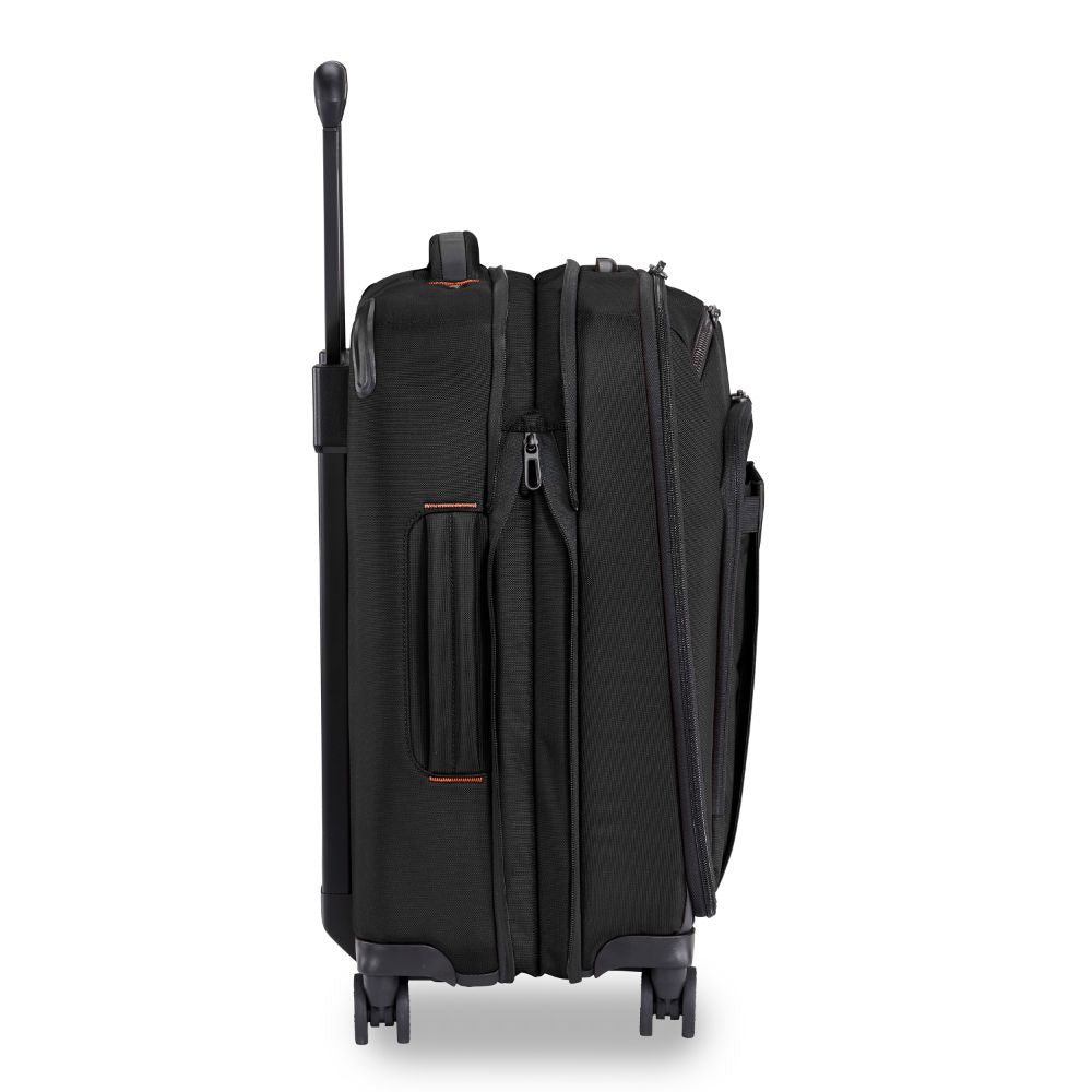 Briggs & Riley ZDX 53cm black carry-on spinner luggage with smooth wheels and durable exterior.