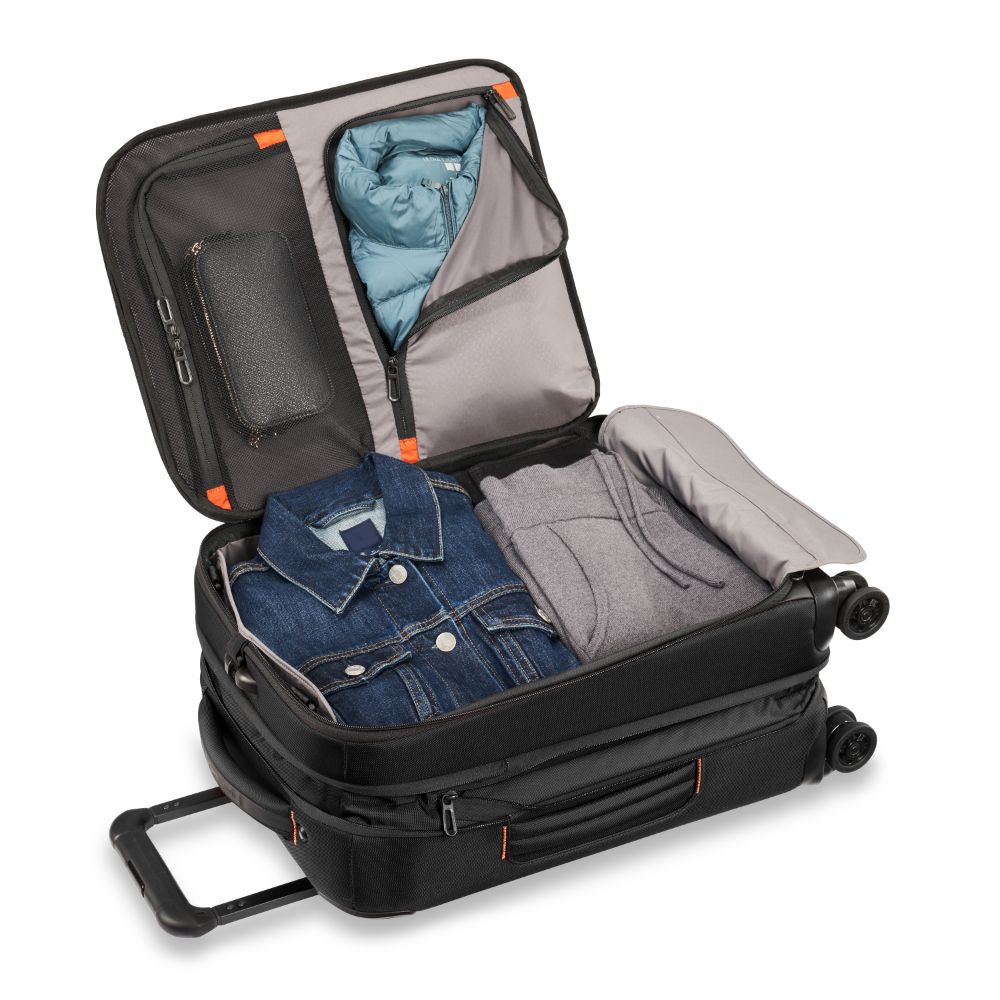 Briggs & Riley ZDX 53cm black carry-on spinner luggage with smooth wheels and spacious interior for travel.