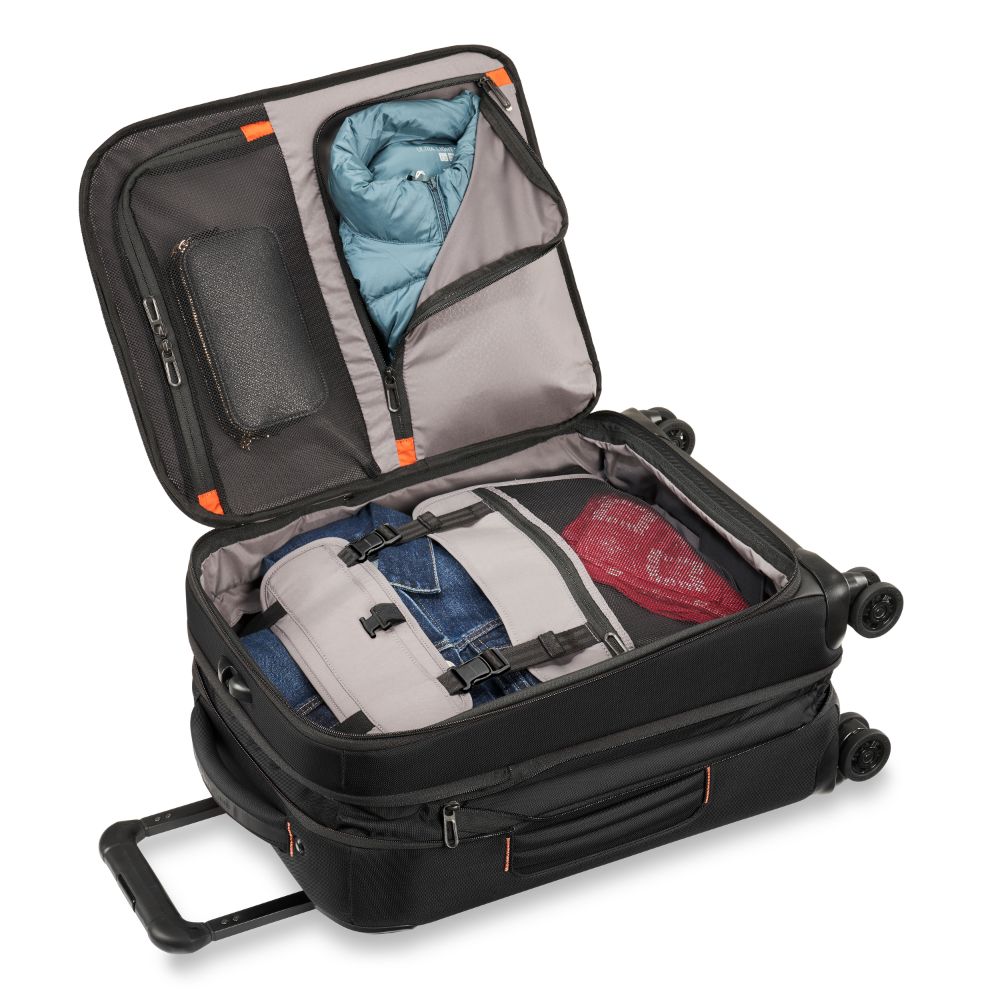 Briggs & Riley ZDX 53cm black carry-on spinner luggage with smooth wheels and durable exterior.