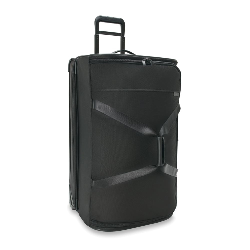 Briggs & Riley Baseline 2 large 2-wheel duffle in black, featuring spacious compartments and durable fabric design.