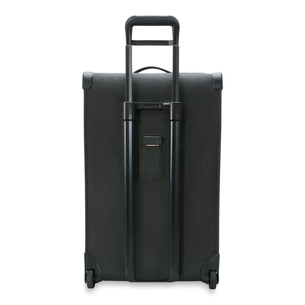 Black Briggs & Riley Baseline 2 large 2-wheel duffle bag with spacious compartments and sturdy wheels.