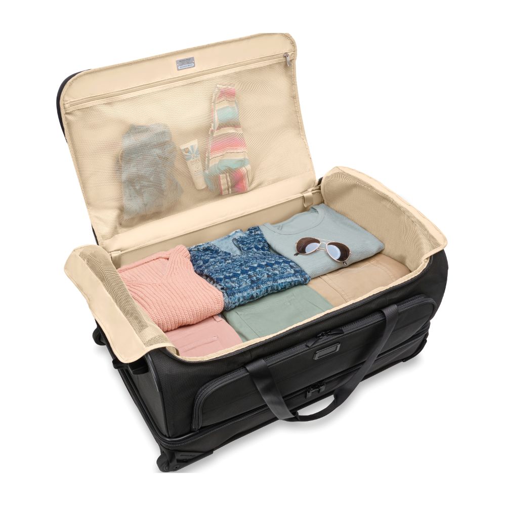 Briggs & Riley Baseline 2 Large 2 Wheel Duffle in black, featuring spacious compartments and sturdy wheels for easy transport.