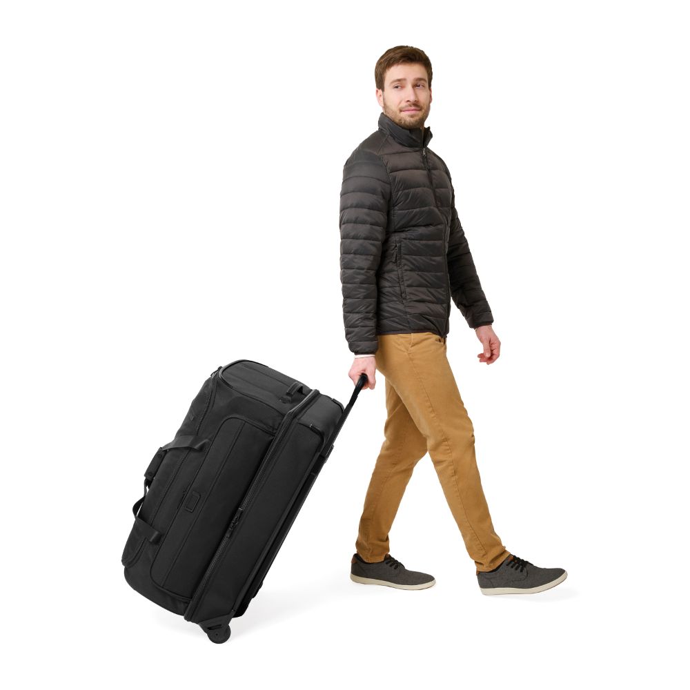 Large black 2-wheel duffle bag from Briggs & Riley, showcasing spacious design and durable fabric.