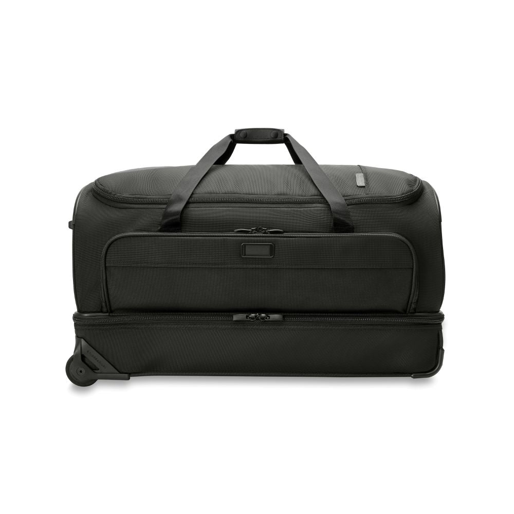 Large black 2 wheel duffle bag from Briggs & Riley Luggage, featuring durable fabric and spacious interior for travel.