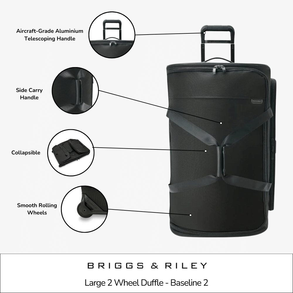 Large 2-wheel duffle bag from Briggs & Riley, featuring a durable exterior and spacious interior for travel convenience.