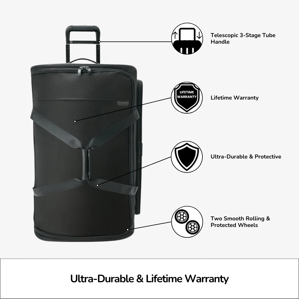Briggs & Riley Baseline 2 large 2-wheel duffle bag with spacious interior and durable fabric in a sleek design.