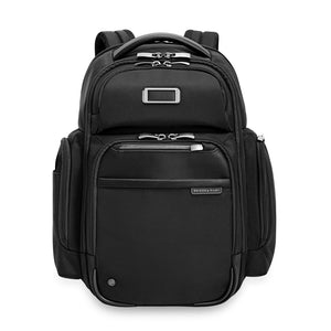 Large black cargo backpack by Briggs & Riley, featuring multiple compartments for work and travel organization.