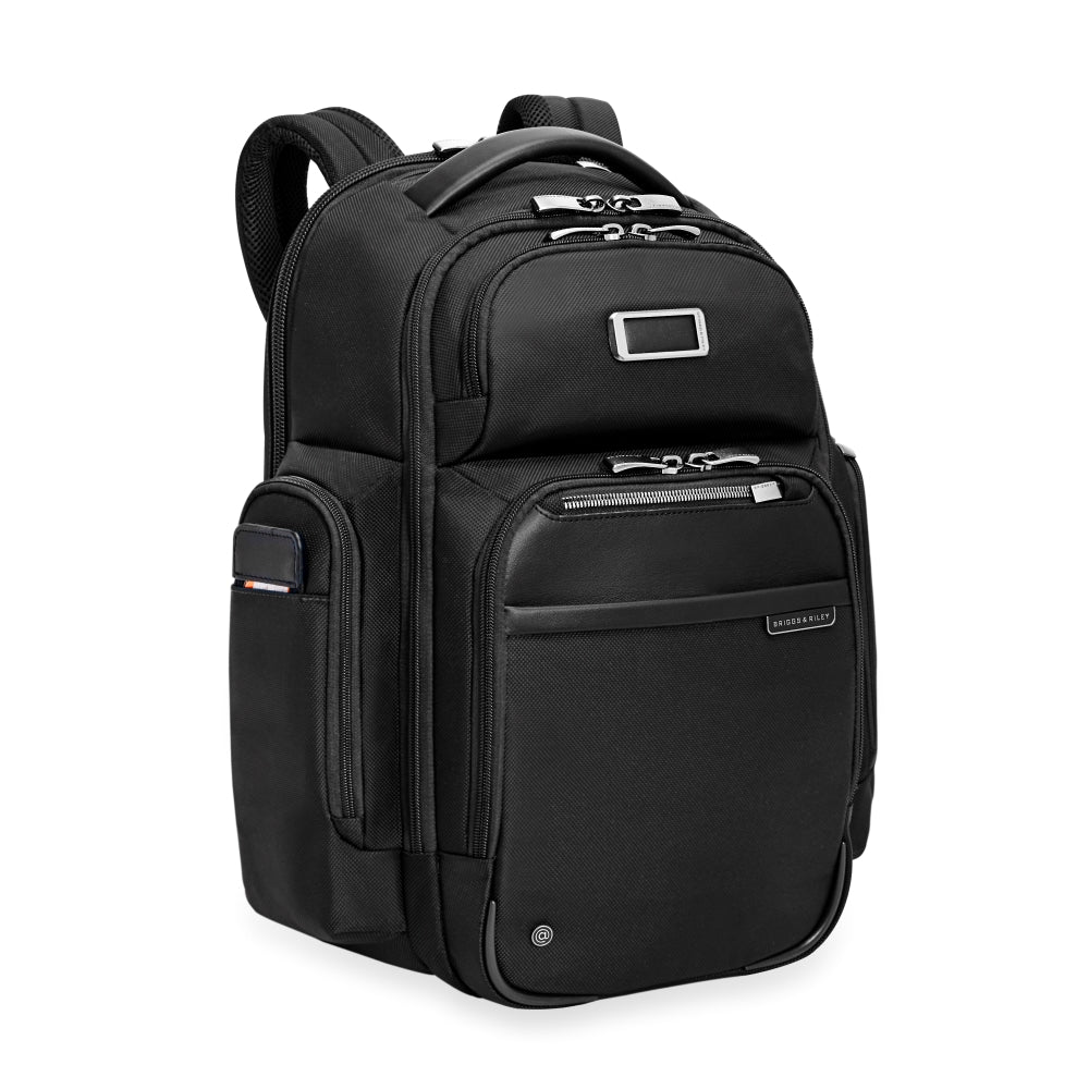 Large black cargo backpack by Briggs & Riley, featuring multiple compartments and ergonomic design for work use.